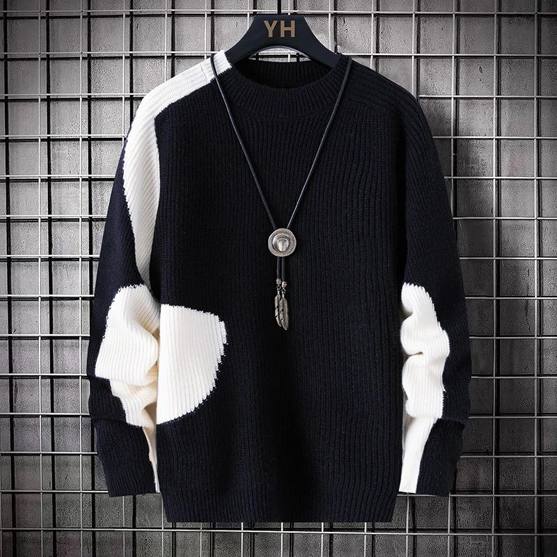 

Мужской вязаный свитер Молодежный с круглым вырезом Повседневный пуловер Мужской свитер в стиле пэчворк Зимняя мода Трикотаж Топ Мужская студенческая базовая рубашка XXXL чёрный