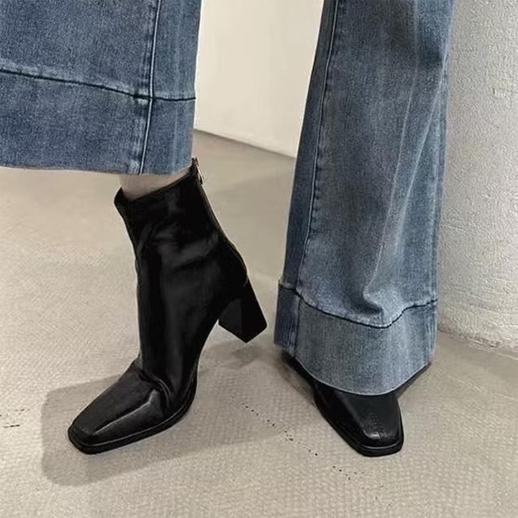 Skinny Premium Soft-soled Rear Zipper High-heeled Thick-heeled Short Boots Skinny Small Fragrant Versatile Elastic Boots