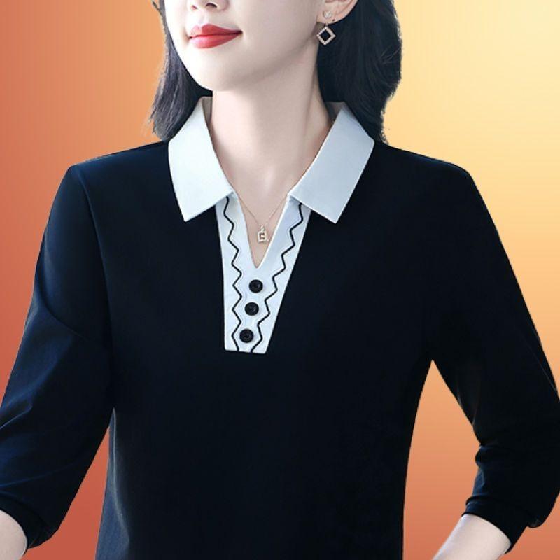Spring Women Contrast Collar 3/4 Sleeve Button Decor Wavy Trim Blouse