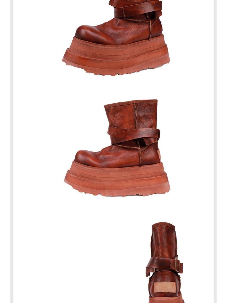 Women's 2025 Height-Increasing Martin Boots - Washed Cowhide Platform Ankle Boots with Buckle and Thick Sole
