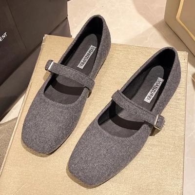 Frühling Herbst Damen Filz Mary Janes Schuhe Square Toe Ballerinas für Damen Schnallenriemen Damenschuhe