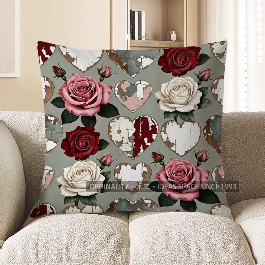 2D Floral & Heart Pattern Digital Print Pillowcase Pattern Cushion Cover Suitable For Sofa Bedroom Car Pillow Cover