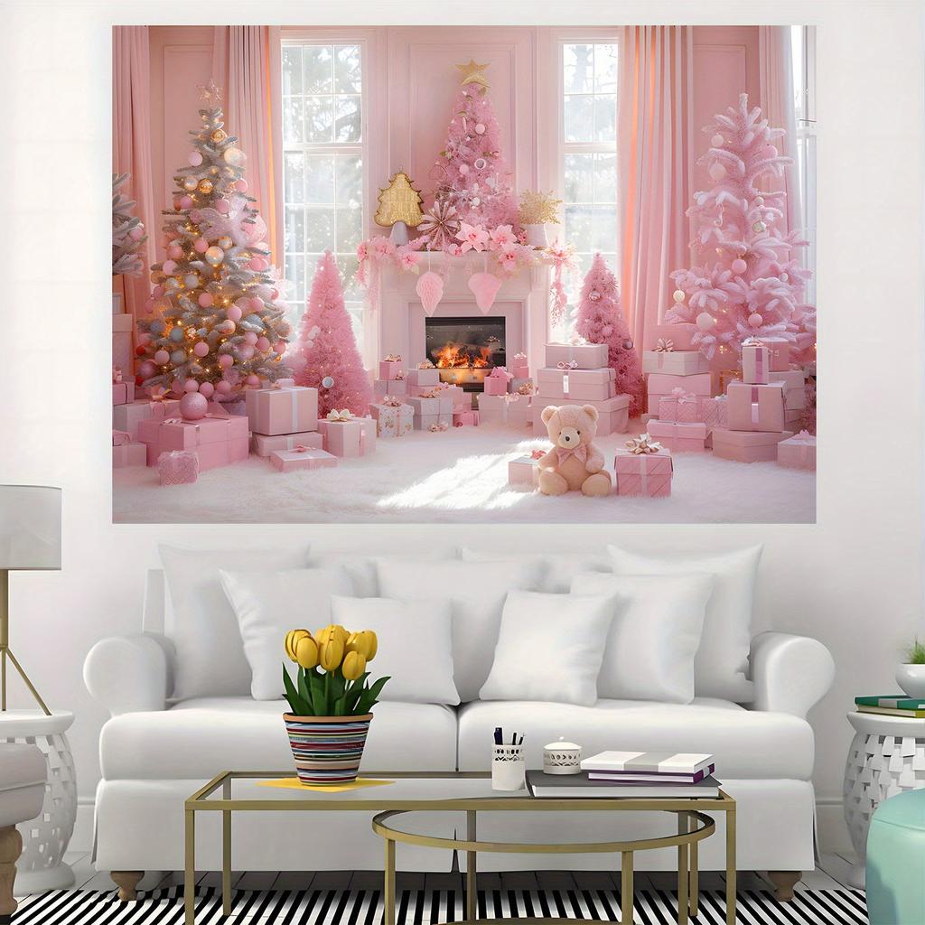 One 2D flat pink Christmas polyester background cloth with a Christmas pink tree ball background suitable for daily decoration