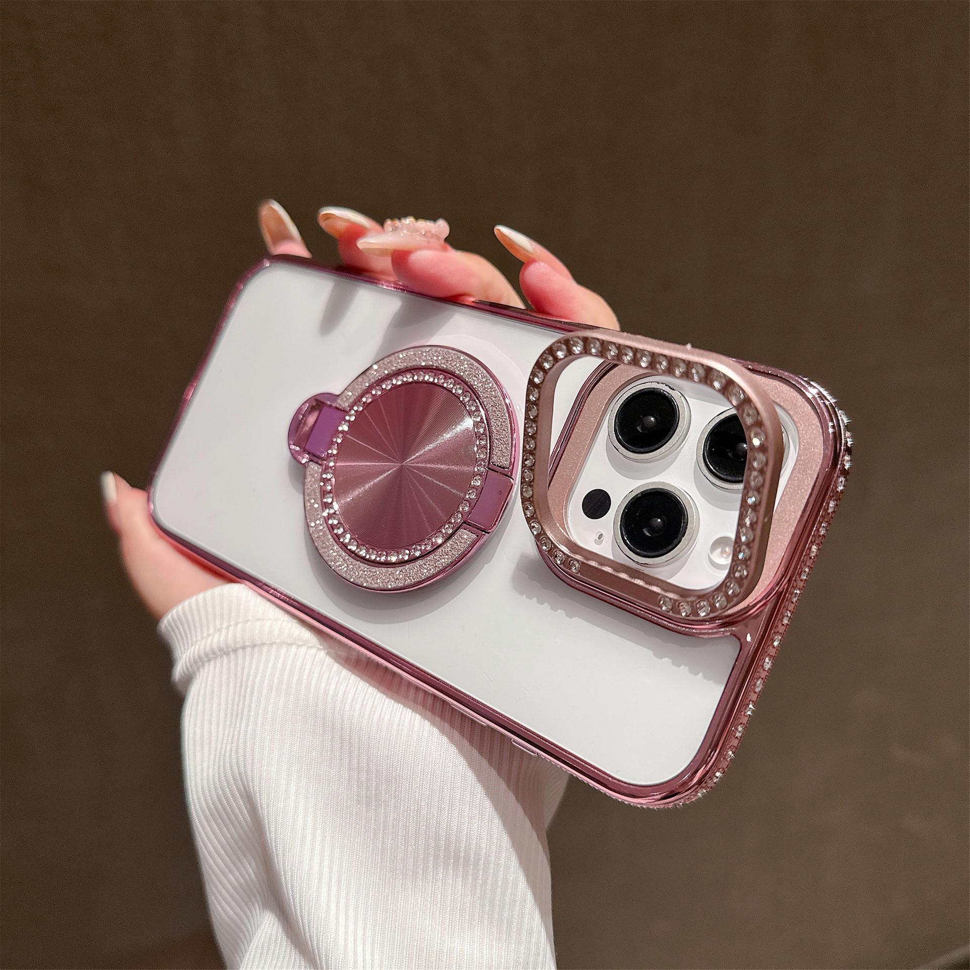 

Luxury Starry Sky Rhinestone Lens Phone Case for Apple 16/15 Double Stand 15 Pro розовый