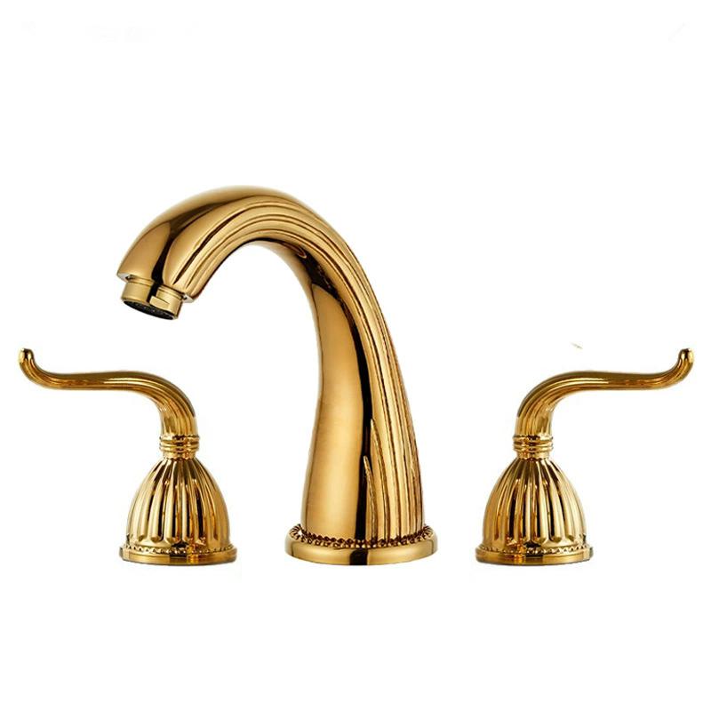 Tuqiu Gold Bathroom Faucet Widespread Sink Tap Brass Antique Basin Faucet Black Lavotory Faucet 3 Hole Hot & Cold Water Tap