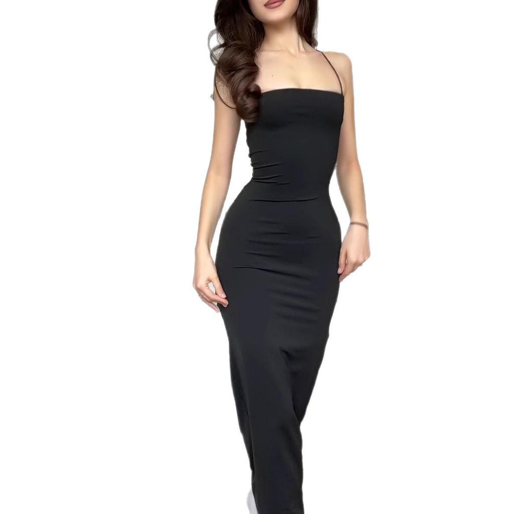 2025 Léto Evropské a Americké Dámské Jednobarevné Šaty na Ramínka s Vázáním v Pase Dlouhé