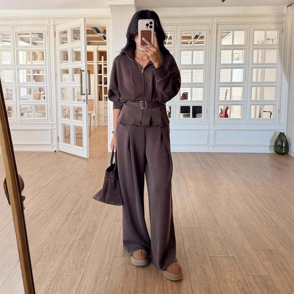 2025 Women's Zipper Long Sleeve Sports Casual Pants with Belt - Wide Leg Set