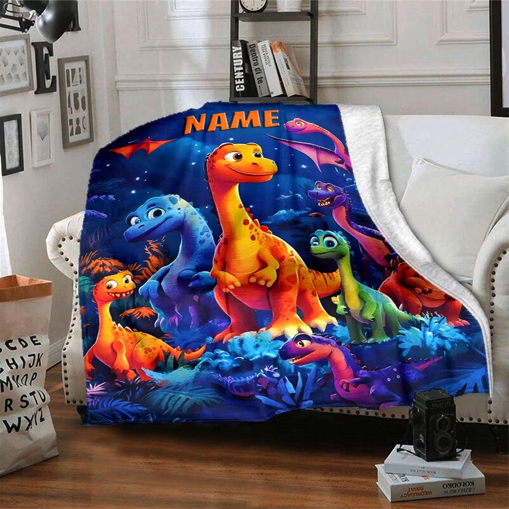 Colorful Dinosaurs Gathering Home Customize Your Name Blankets Soft Comfortable Lightweight Versatile Blanket For All Seasons Perfect For Picnics Sofa