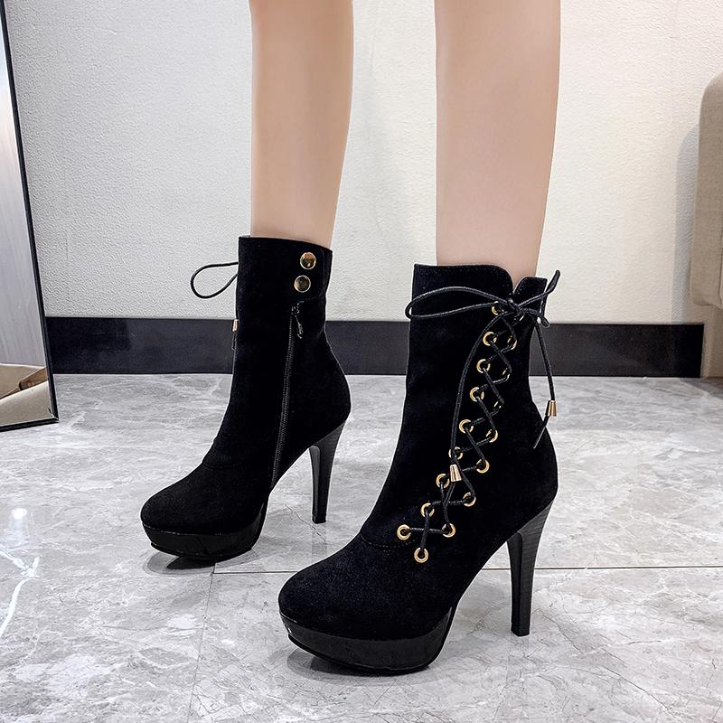 Size35-43 Punk Women Ankle Boots Zip Lace Up Pointe Toe High Heel Chelsea Pumps 11cm Wedding Party Woman Shoes High Heels Sexy