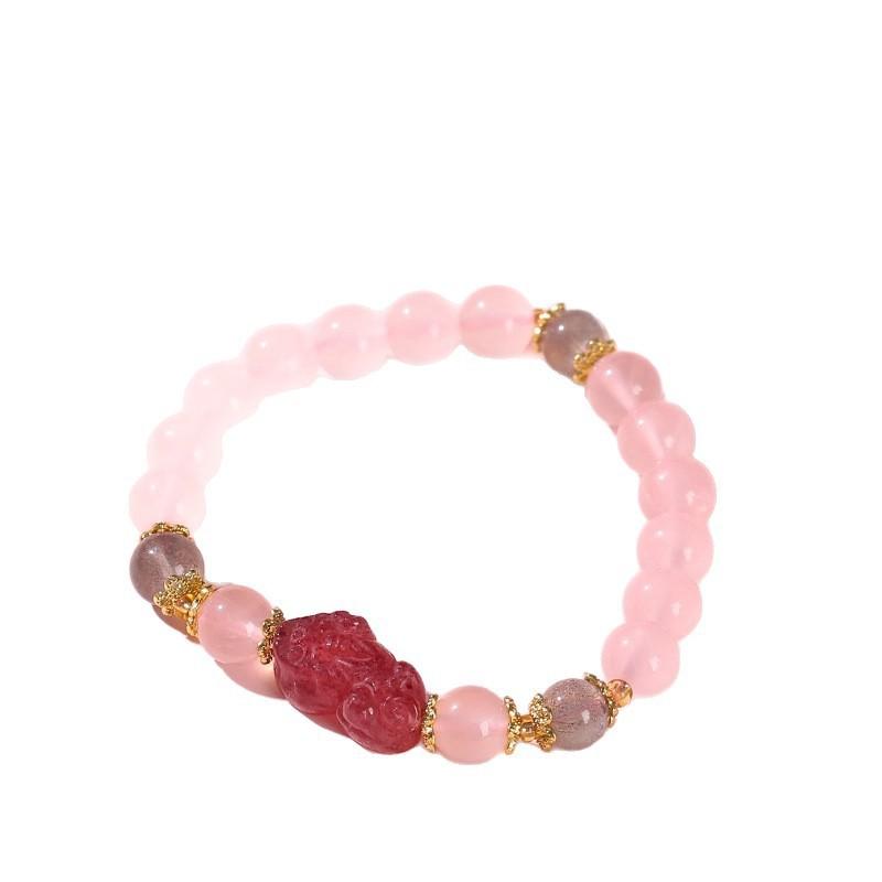 Natural Pink Quartz Moonstone Bracelet for Women, New Chinese Style Strawberry Crystal Fox Pixiu Wealth-Attracting Chinese Traditional Bracelet