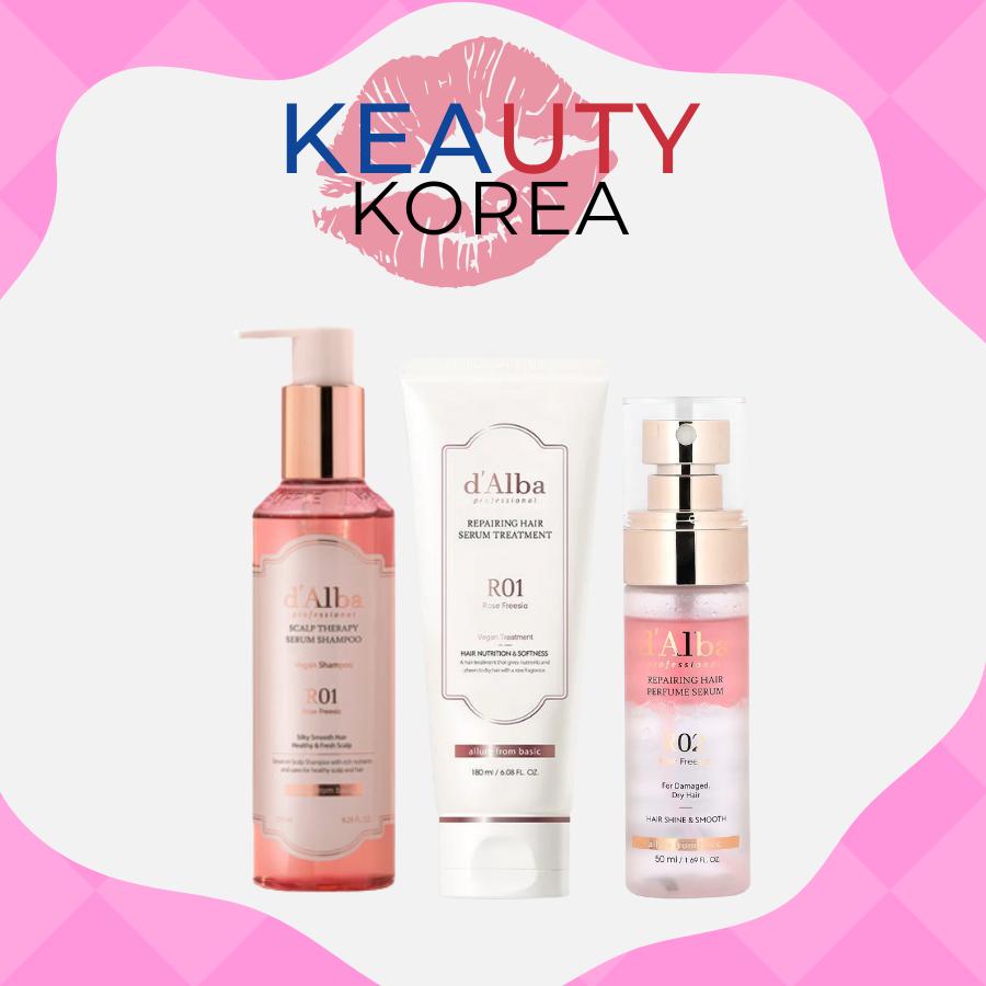 d'Alba Set Șampon + Tratament + Ser Parfumat Reparator Păr Trandafir Frezie