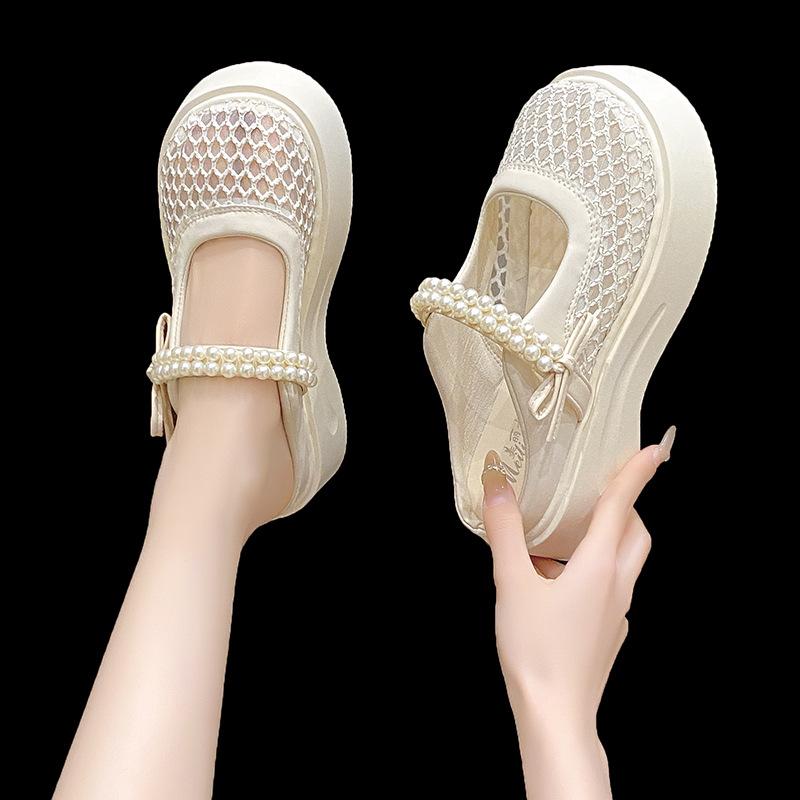 

French fairy style premium sense muffin bag head cool slippers summer new bow pearl platform mesh sandals 40