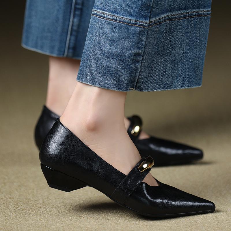 British pointed low-heeled Mary Jane shoes women's shallow single shoes women's flat-heeled small leather shoes women