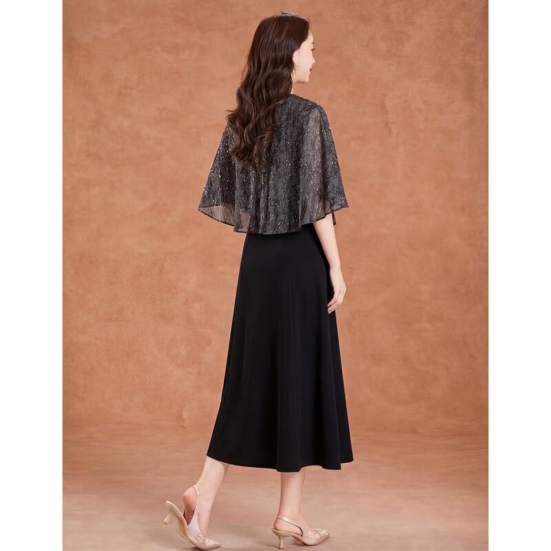 Women's Elegant Sequin Cape Sleeve High-Waist Midi Dress