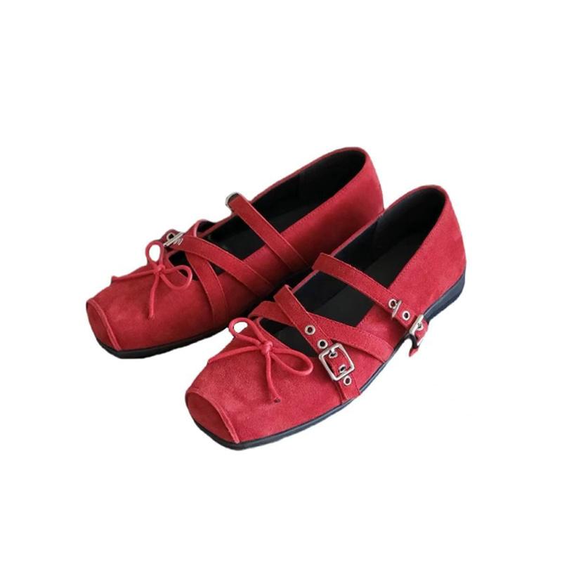 Mary Jane Shoes Female Genuine Leather Retro Ballet Flat Shoes Women Square Toe Flat Luxury Rivet Cross Straps Ladies Shoes