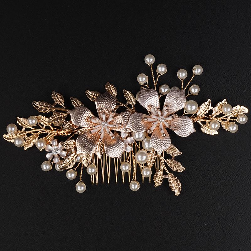 Handmade Floral Pearl Bridal Hair Combs Gold Leaf Wedding Hair Jewelry for Women Party Hair Accessories Vintage Brides Headpiece