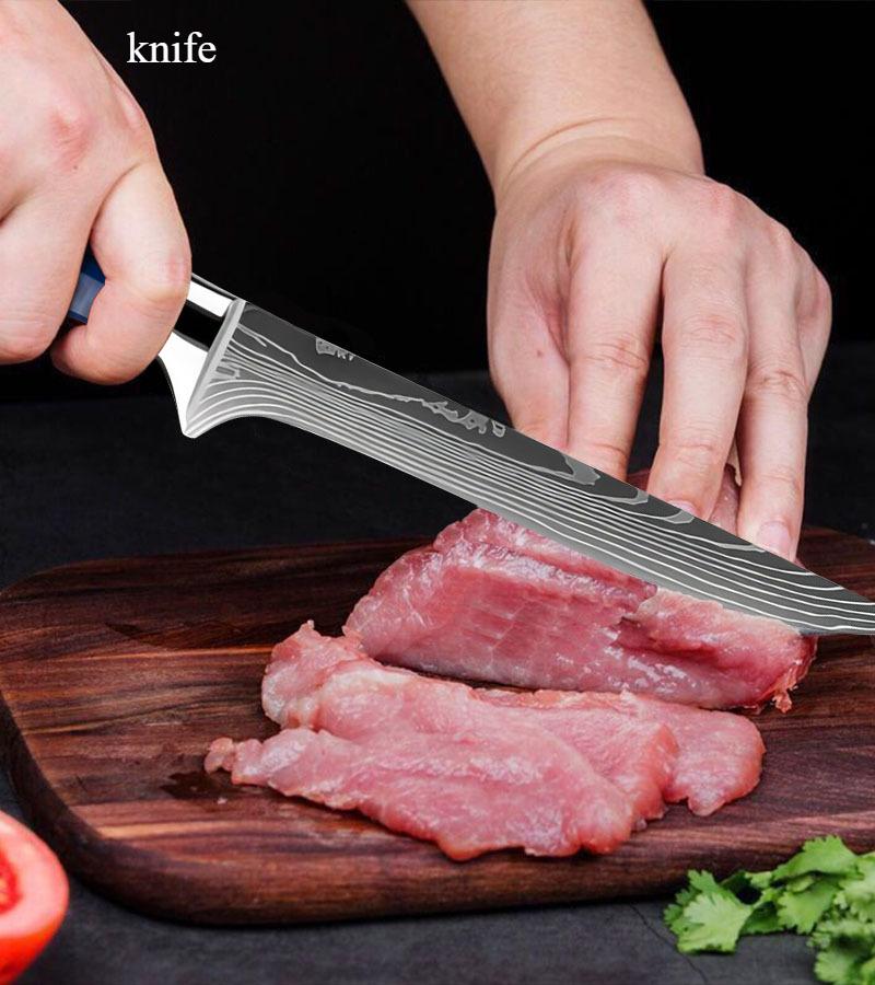 Kitchen Knife Set Chef's Knife Santoku Knife Cutting Butcher Knife Damascus Pattern Blue Resin Handle Utility Knife Paring Knives