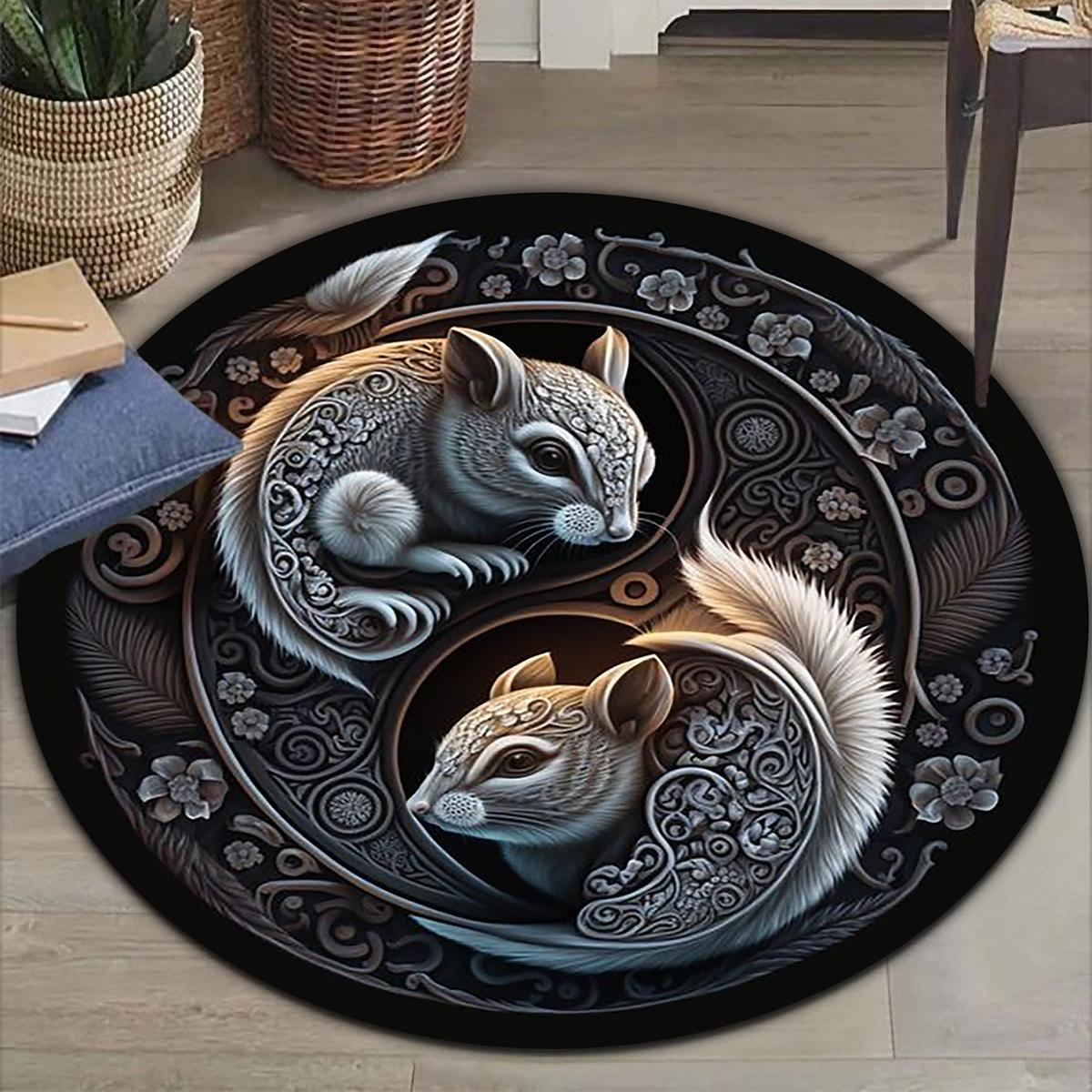 

Yin Yang Squirrel Round Area Rug Non Slip Floor Mat Living Room Bedroom Decor Office Chair Pad Home Carpet Diameter 60cm