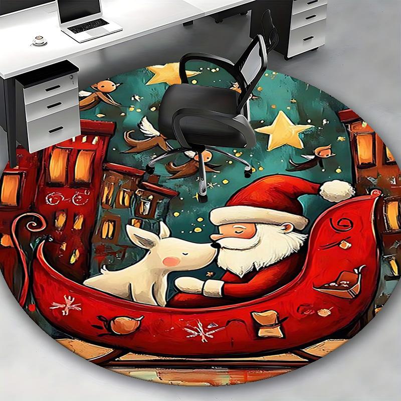 1pc Christmas Santa Claus and Reindeer Round Carpet Anime Design, Holiday Gift, Office Chair Mat, Home Decor, Living Room, Bedroom