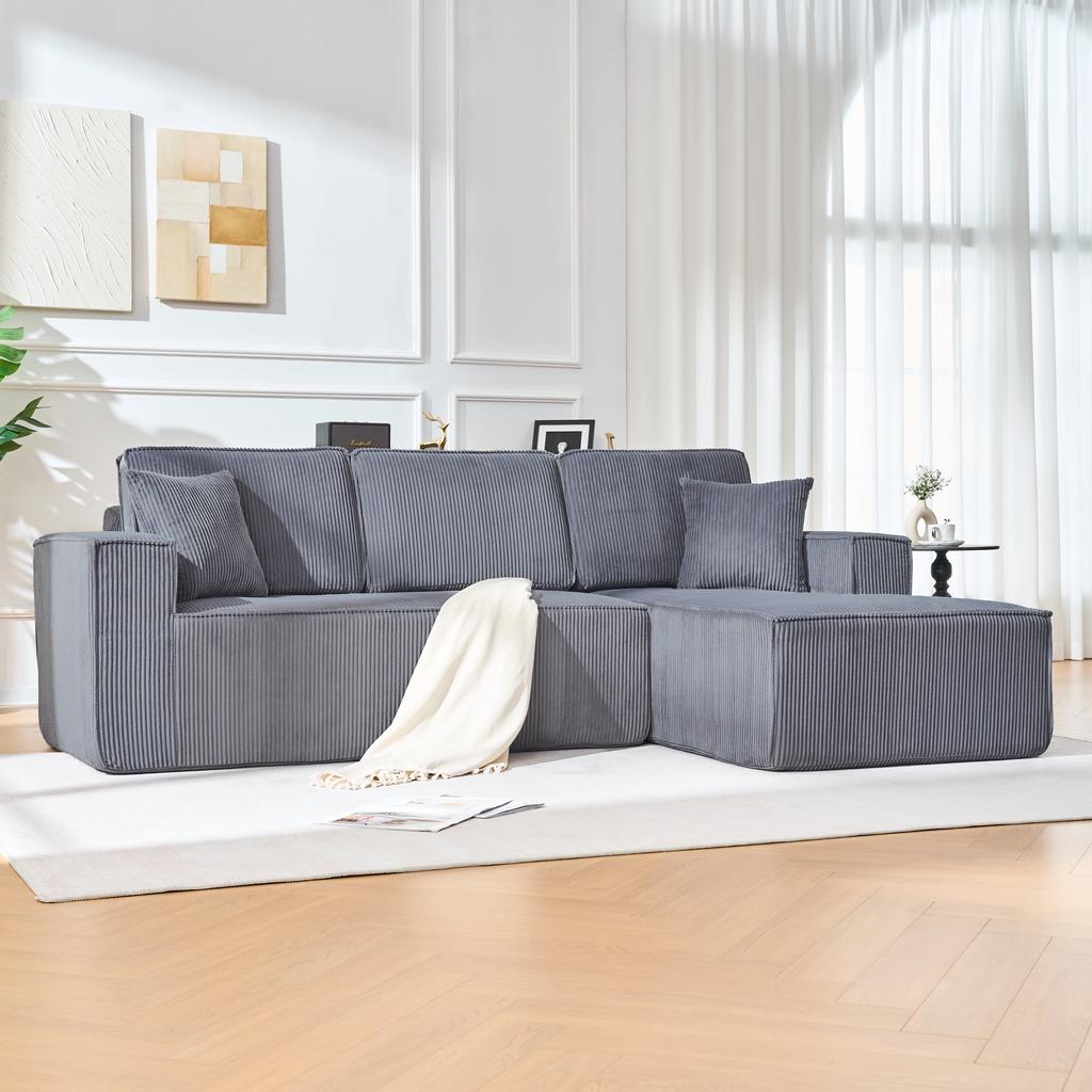Fully Compressed L-shaped Corduroy Sofa, 2-person Seating Group + Chaise Longue Corner, Soft High-density Foam Padding, for Living Room, Gray
