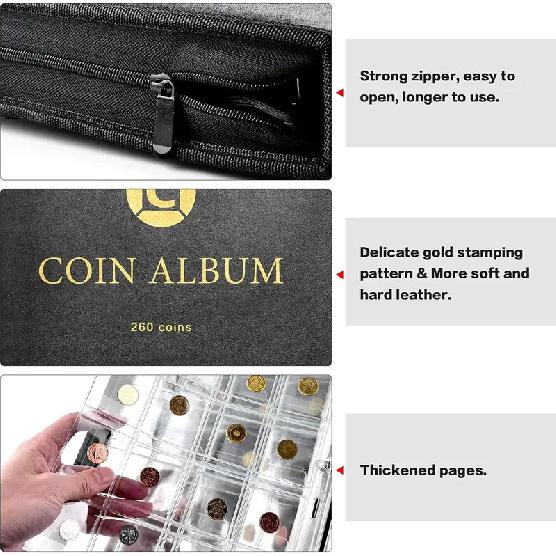 Coin Collection Book Holder for Collectors, 260 Pockets Coins Collecting Album with Zipper and Handle. Coin Display Storage  bag