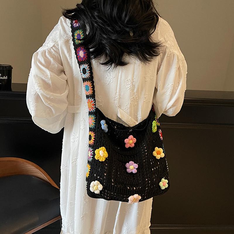 Summer Large Capacity Boho Tote Bag Floral Crochet Handbag Vintage Multicolor Cut-Out Knitted Fashionable Hollow Out Handbag