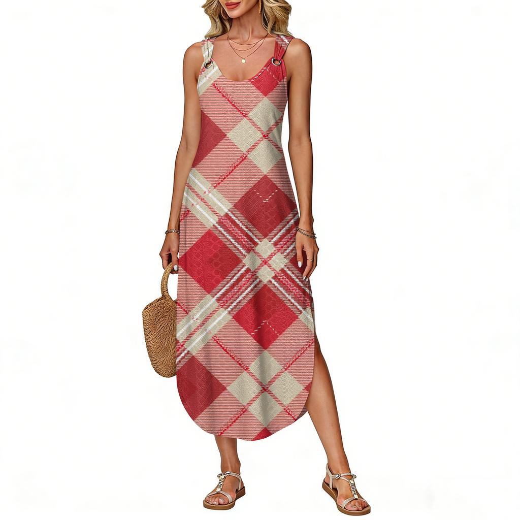 Women's Summer Long Dress, Sleeveless with Side Slits, Long Plaid Printed Vest Dress