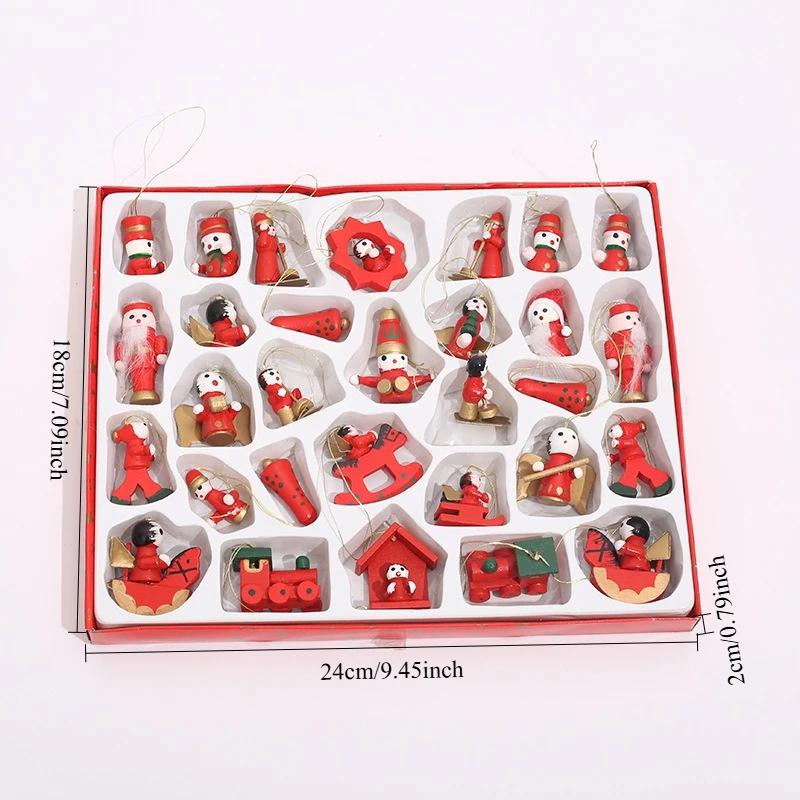 30pcs/set Wooden Christmas Tree Ornaments Set Cartoon Hanging Colorful Gift Boxed Natural Wood Decorations for Xmas Home Party
