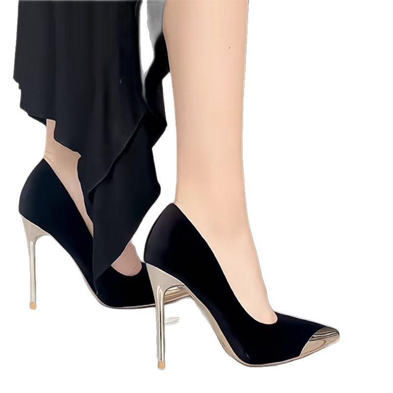 Black High Heels Women's 2025 Spring and Autumn New Metal Pointed Thin Heel Light Mouth Suede French Temperament Sexy Single Shoes