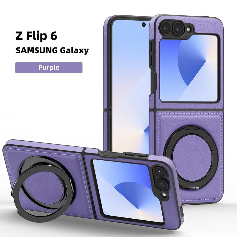 Solid Color Leather Slim 2pcs Folding Phone Case For Samsung Galaxy Z Flip6 Flip5 Flip4 3 Wireless Charge Shockproof Magnetic Metal Stand Back Cover