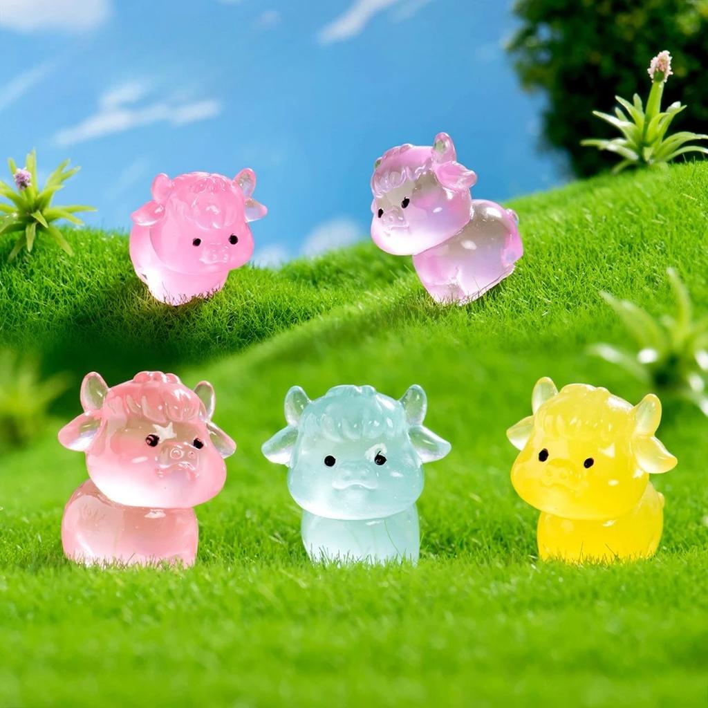 6Pcs Luminous Mini Yak Tiny Resin Cattle Little Yaks Figurines Bulk For Dollhouse Ornament Micro Garden Diy Crafts Decor
