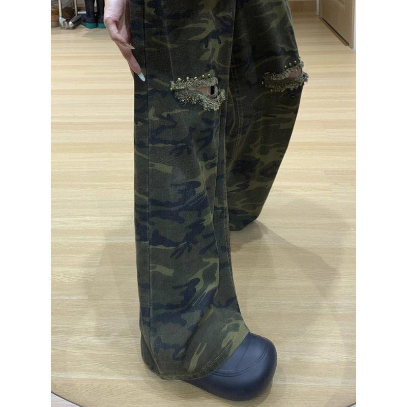 Damen 2025 Herbst High Waist Camouflage Ripped Jeans - Trendige Lockere Weite Beine Bodenlange Hose