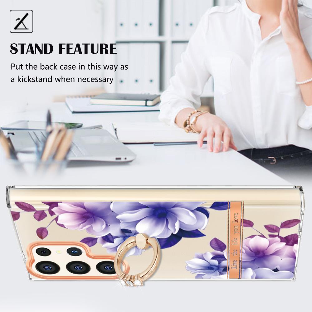 

For Samsung Galaxy S24 Ultra Back Cover with Ring Kickstand Flower Pattern Electroplating TPU Case HC004 Purple Begonia