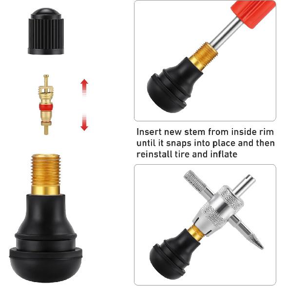 Valve Stem Removal Tool & Taller Tool Kit - 15Pcs TR412/ TR413/ TR414 Tubeless Tire Valve Stems, 20Pcs Valve Caps/Cores, 1Pcs Valve Ertion Taller,