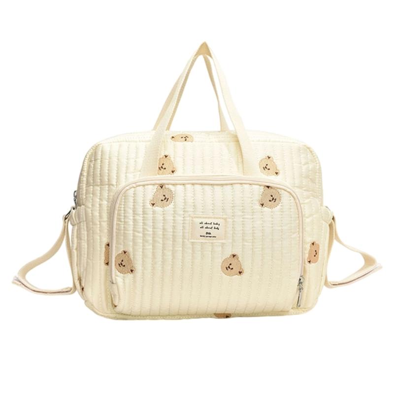 Fashionable Storage Pouch Case Large Bear/Flower Embroidery Mother Bag Portable Handbag with Multi Function Pockets