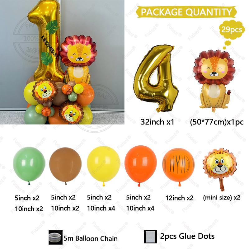 Set de 29 ballons dorés Chiffres 1-9 Anniversaire Ballon Lion Dessin Animé Thème Animaux de la Jungle Décoration de Fête Accessoires Photo Festival