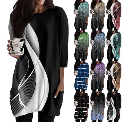Women's  Casual 3/4 Sleeve Shirts Fashion Print Tunic Tops With Pockets