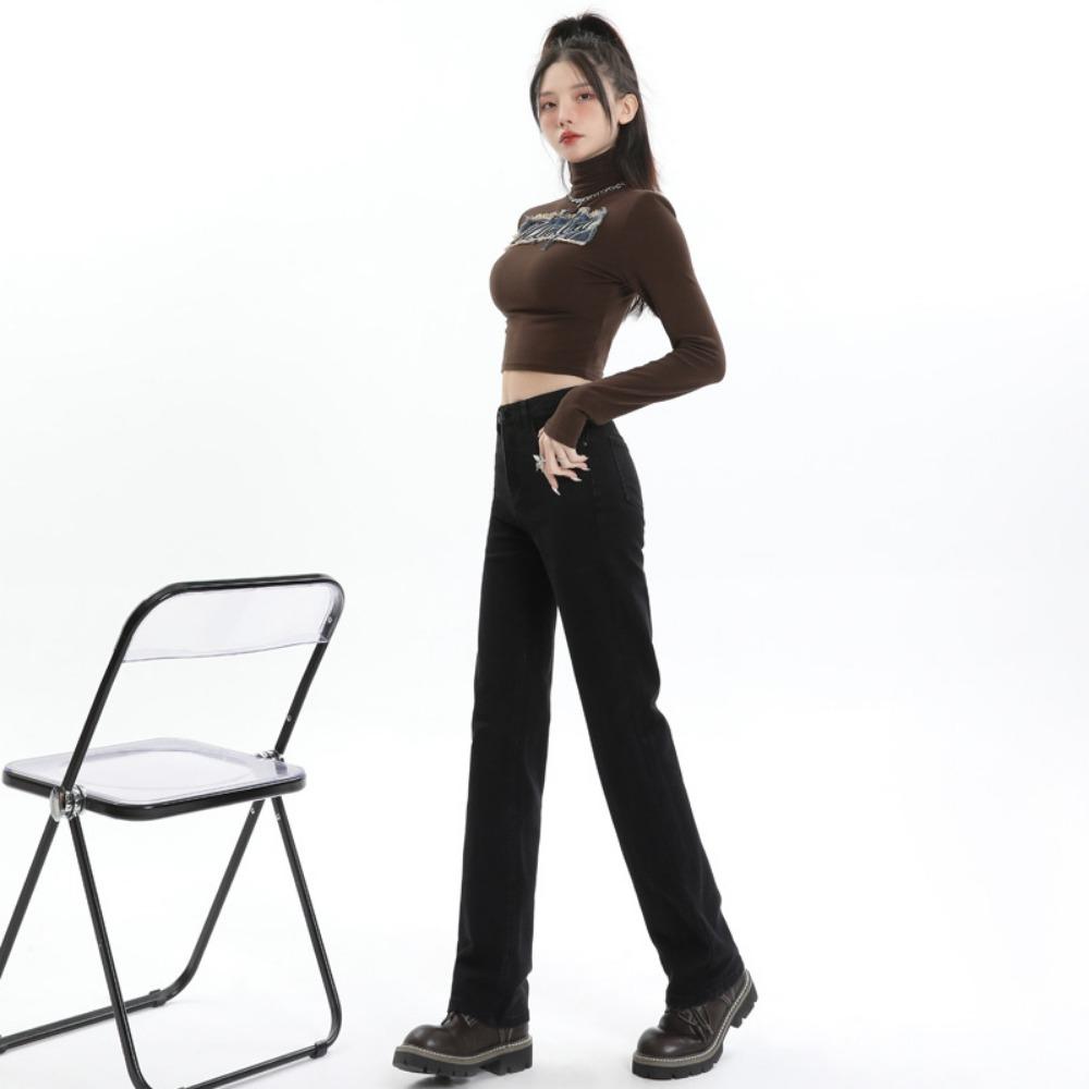 Simple Korean version of high-waisted straight-leg jeans for women's 2025 new tall and thin versatile floor-mopping jeans