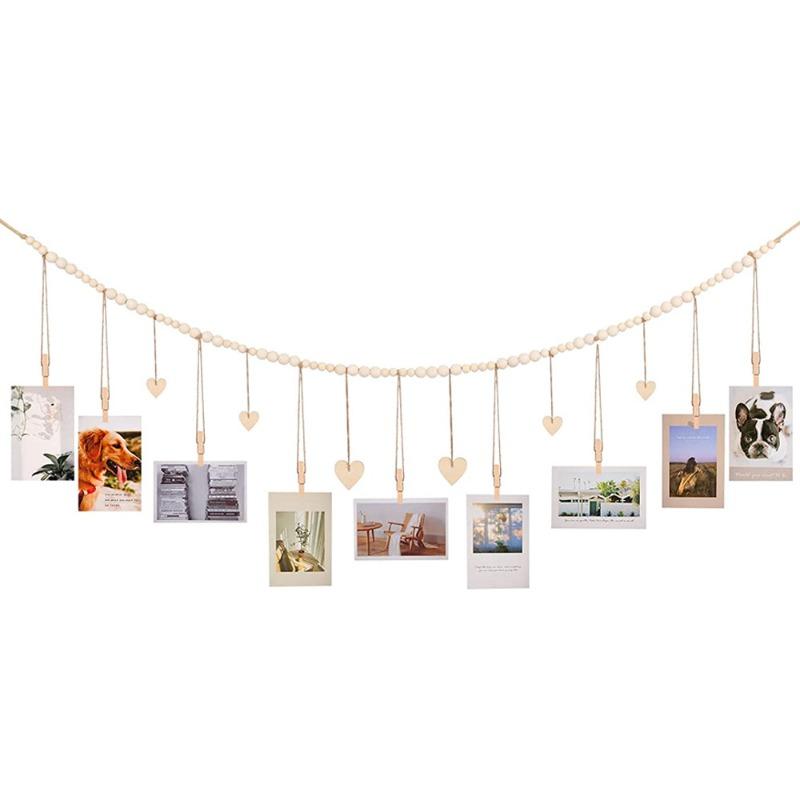 Wooden Beads Photo Clips Holder Picture Display Hanging Rope Photo Organizer Clips String for Home Wall Decor