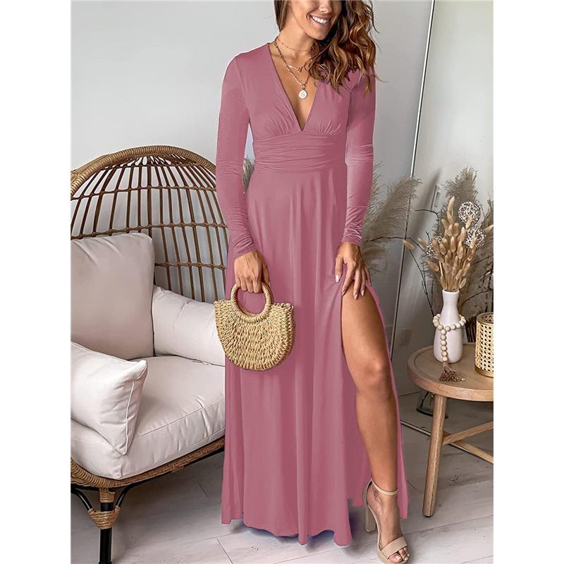Women's Deep V-neck Long-sleeved Dress, Pleated, High-waisted Split, Club Party Evening Dress, Solid Color Long Skirt