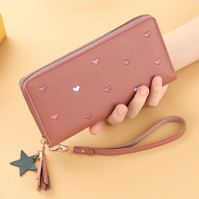 New Long Women Wallet With Heart-Shaped Korean Style Tassel Embroidery Card Holder For Women