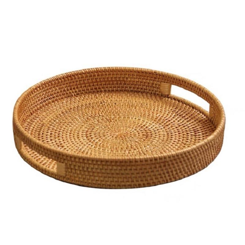 Multipurpose Handcrafted Fruit Rattan Tray Round Wicker Designs with Convenient Handles Convenient for Kitchen Use