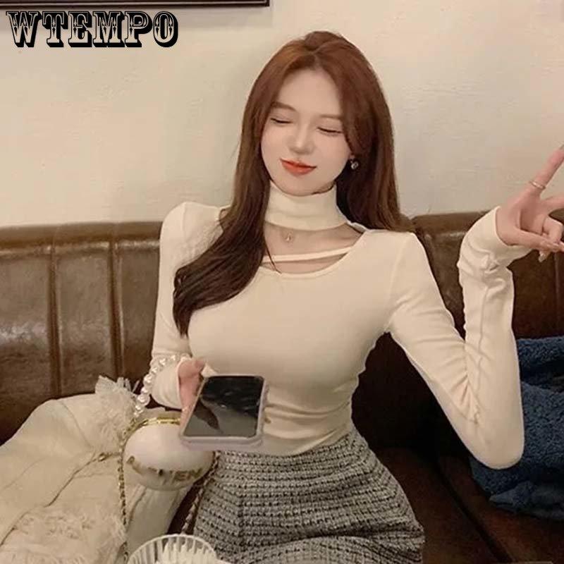 Schlanker dünner Stehkragen-Pullover mit ausgehöhlter Vorderseite Sexy einfarbige Damen Langarmshirt Eng anliegendes Hemd Lässig Frühling Sommer