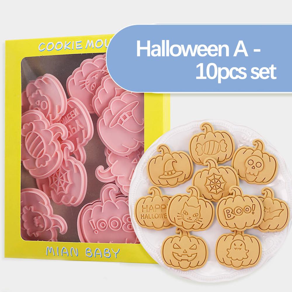 10/8Pcs Cookies Cutters Set Cartoon Pumpkin Witch Owl Castle Vampire Skull Pressable Cookies Stamp Biscuits Mold Halloween Decor
