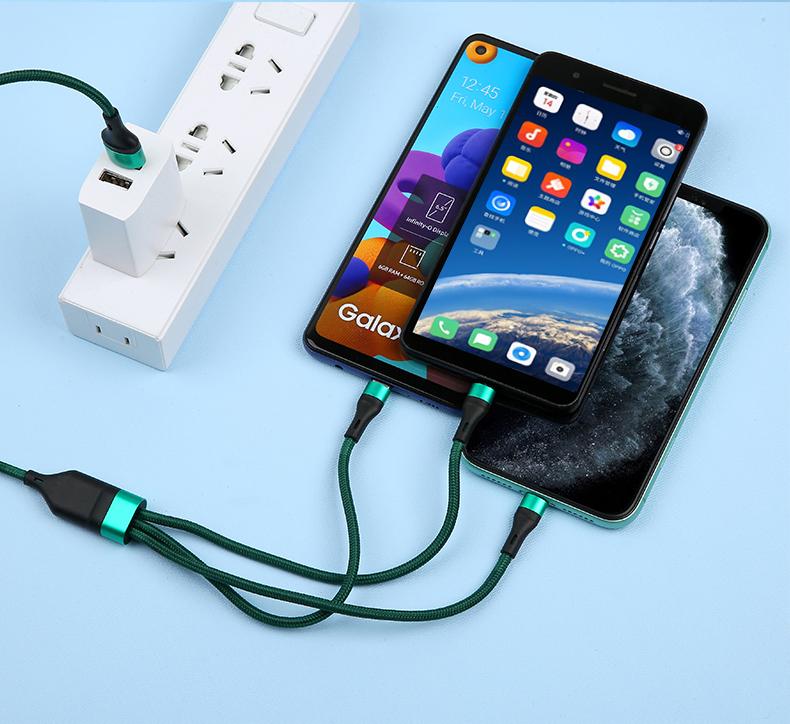 Nylon Braided 3 in 1 Charging Cable 3A Fast Charging USB C Micro Cable for Mobile Phone