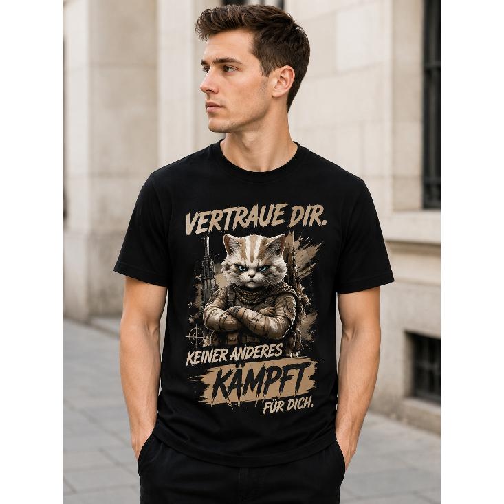 Men s Short Sleeve Crew Neck T-Shirt with Tactical Cat Graphic Print, Soft Cotton Feel, Relaxed Fit for Casual Daily Wear or Outdoor Activities S чёрный