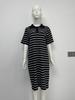 Solid Color Short Sleeve Maxi Dress with Shawl, Striped Plus Size Polo Collar Knitted Dress