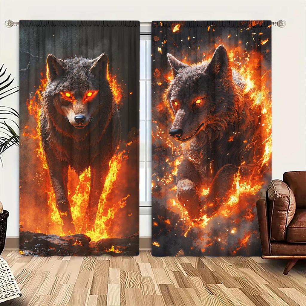 2pcs Flaming Wolf King Decorative Curtains   Suitable for Family and Friends   Sunshade and Privacy-protecting Pole-style