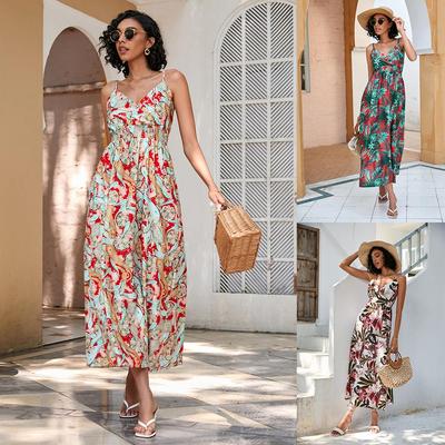 Ladies Summer Vintage Printed V Neck Spaghetti Strap Sleeveless Casual Midi Dress