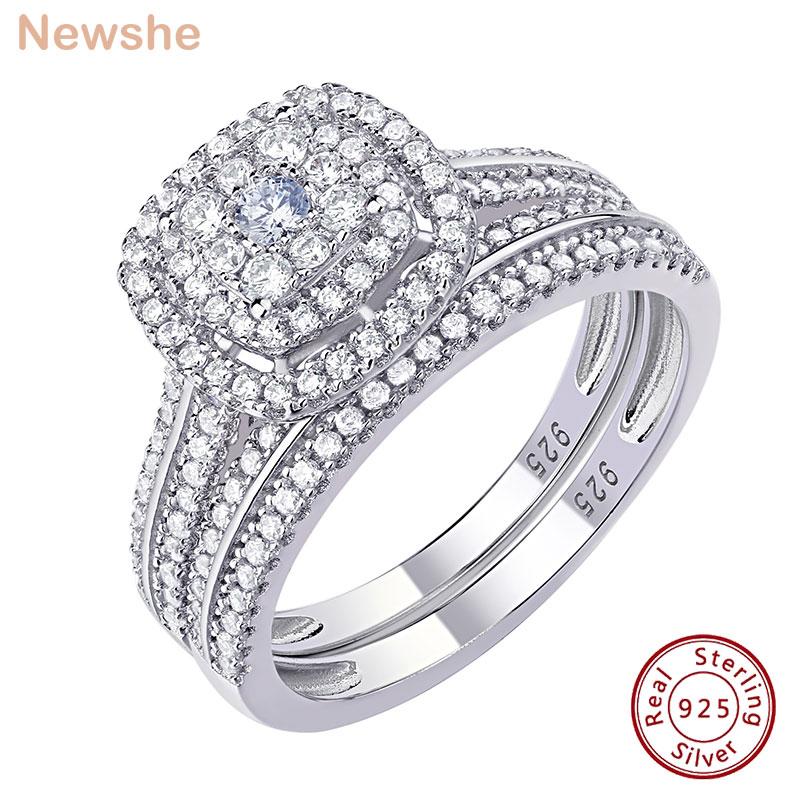 

Newshe 2Pcs Wedding Rings for Women Solid 925 Silver Engagement Ring Bridal Set 1.6Ct Halo Round Cut AAAAA Zircon 5